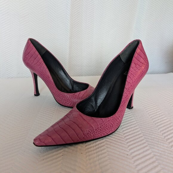 Stuart Weitzman pink croc embossed leather heels Pointy Toe Size 10 - Picture 3 of 12